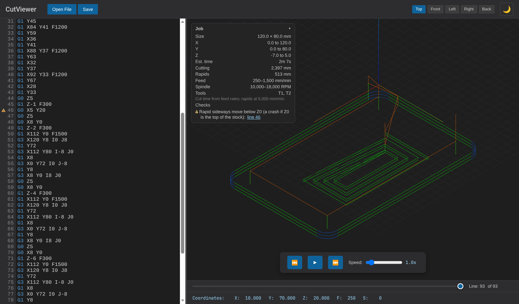 CutViewer showing a 3D toolpath, the Job panel with run time and part size, and a warning for a rapid move below Z0