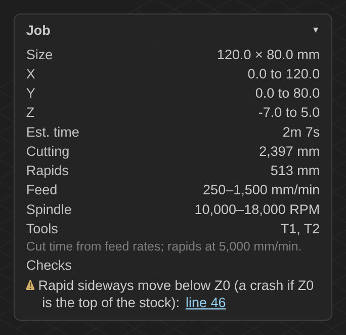 The Job panel showing size, run time, tools and a warning for a rapid move below Z0
